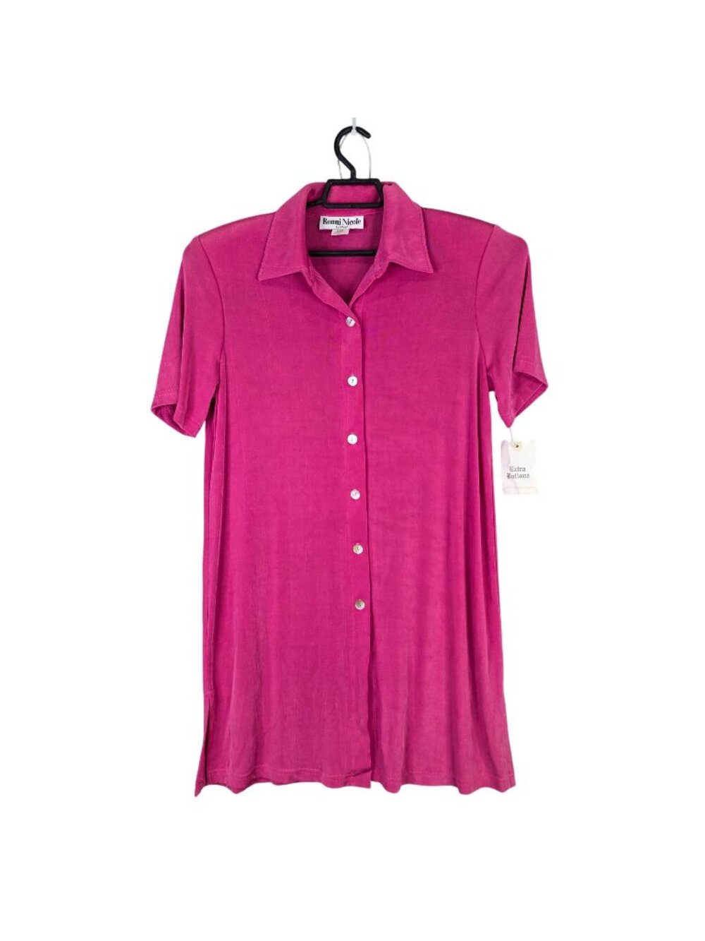 Womens Ronni Nicole Ouida Slinky Pink Shirt Dress Button Down Short Sleeve L